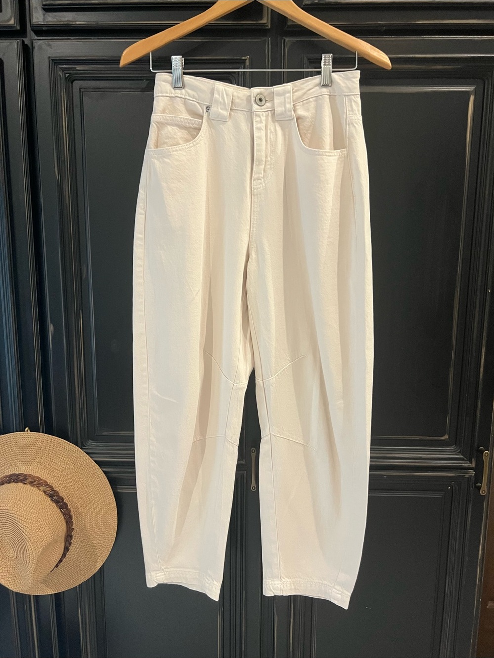 Cream High-Waist Barrel Leg Pants
